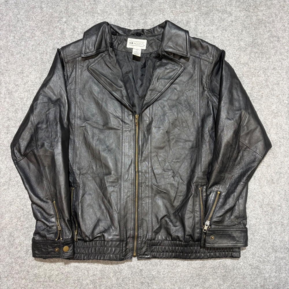 Via Accenti Mens Black Leather Jacket Full Zip Bomber Coat 18W 02-2007-9